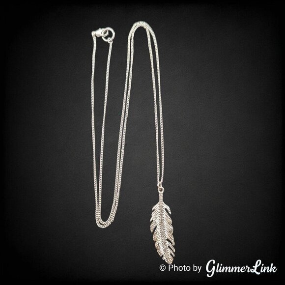 Large Delicate Rhinestone Feather Silver Tone Pendant Necklace - Picture 1 of 13